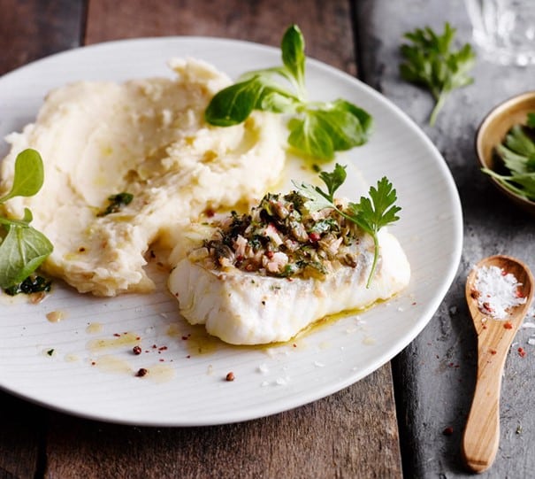 Dos de cabillaud à la bretonne (purée de haricots blancs)