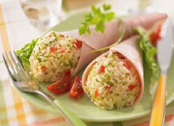 Cônes au jambon et salade de riz