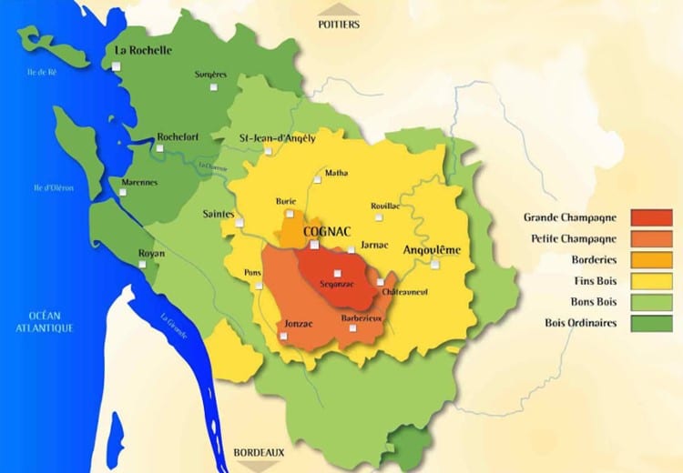 Carte des crus de la région délimitée du cognac