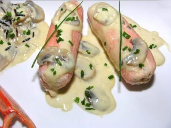 Boudin de langoustines, sauce aux champignons de Paris