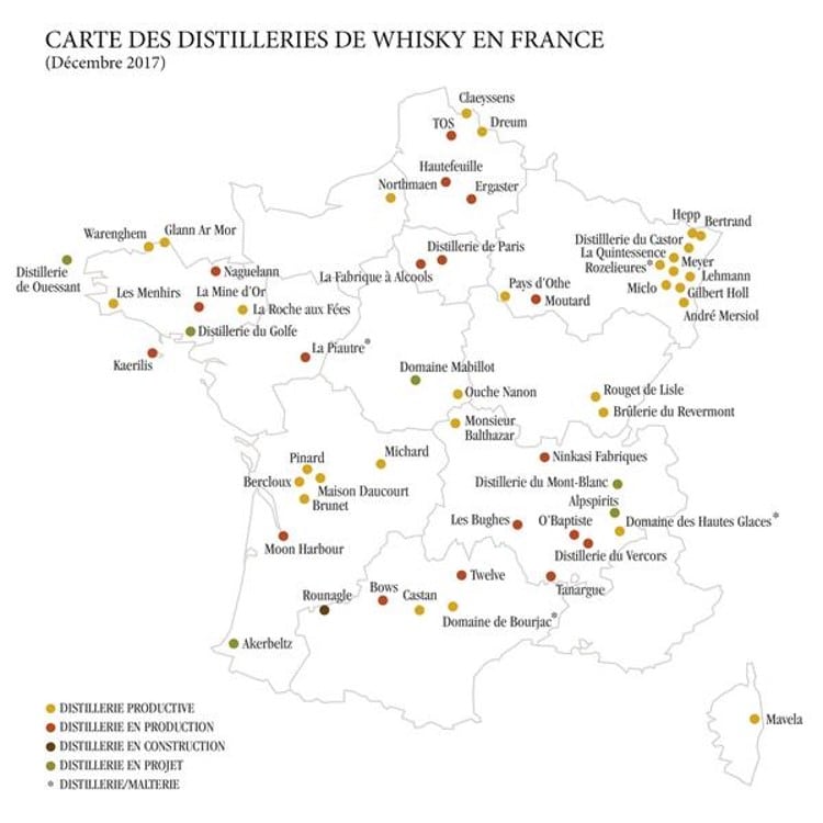 Carte des distilleries françaises de whisky Carte des distilleries françaises de whisky