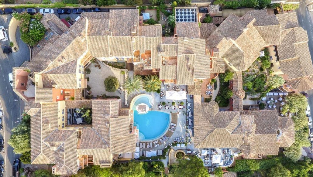 Aerial view of Le Byblos hotel in Saint-Tropez