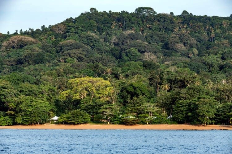 The shore at the edge of the Sundy Praia hotel on Principe Island
