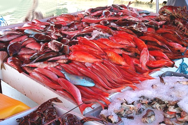 Isda at pagkaing-dagat sa isang market stall sa Pointe-à Pitre