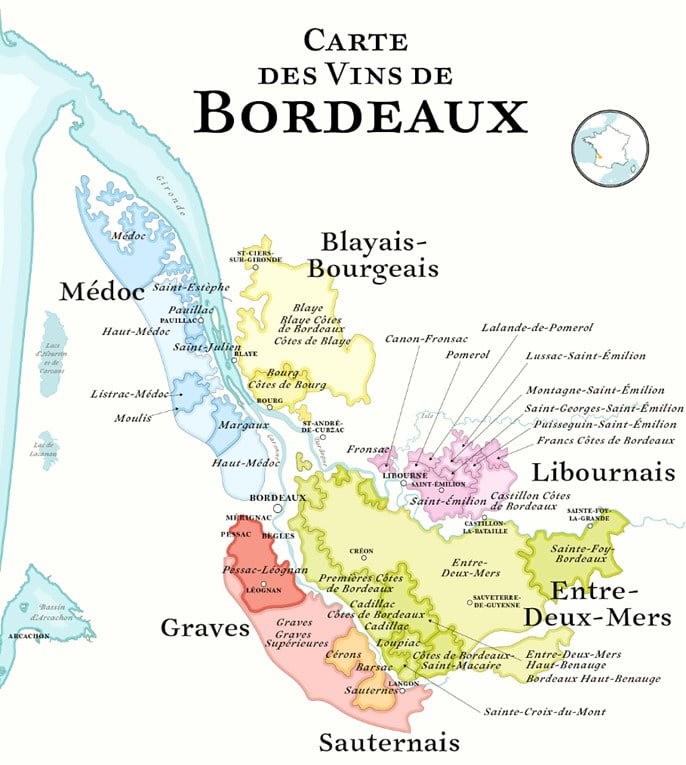 Kaart van de wijngaard van Bordeaux
