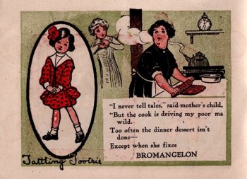 Publicité de 1895 pour la gelée Bromagelon présentée par Tattling Tootsie, une première mascotte inspirée par la fille de l'inventeur