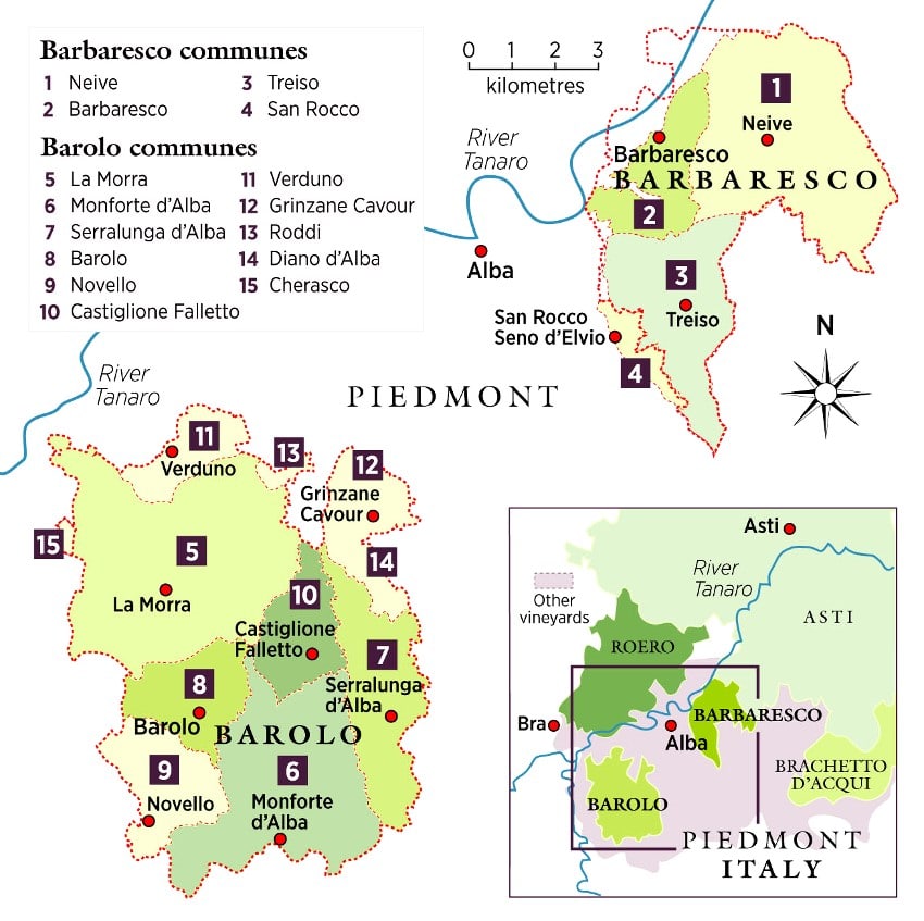 Zones de production du vin barolo et du vin barbaresco