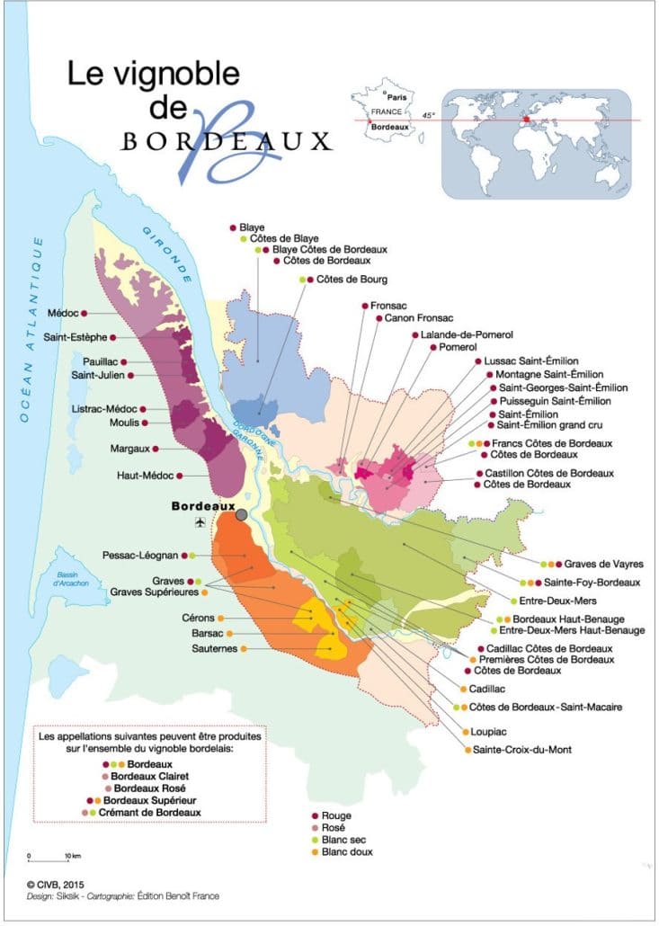 Carte des appellations du vignoble de Bordeaux