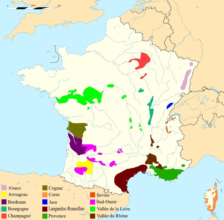 Mapa das regiões vinícolas francesas