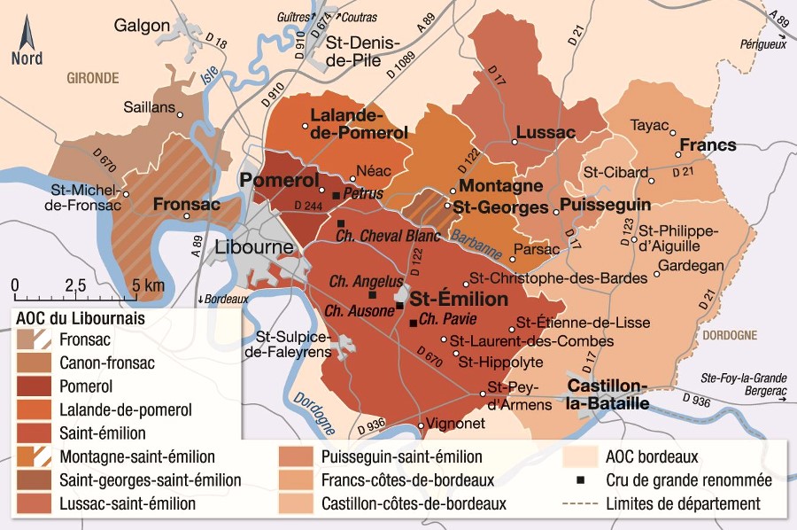 Carte des vignobles du Bordelais – AOC du Libournais