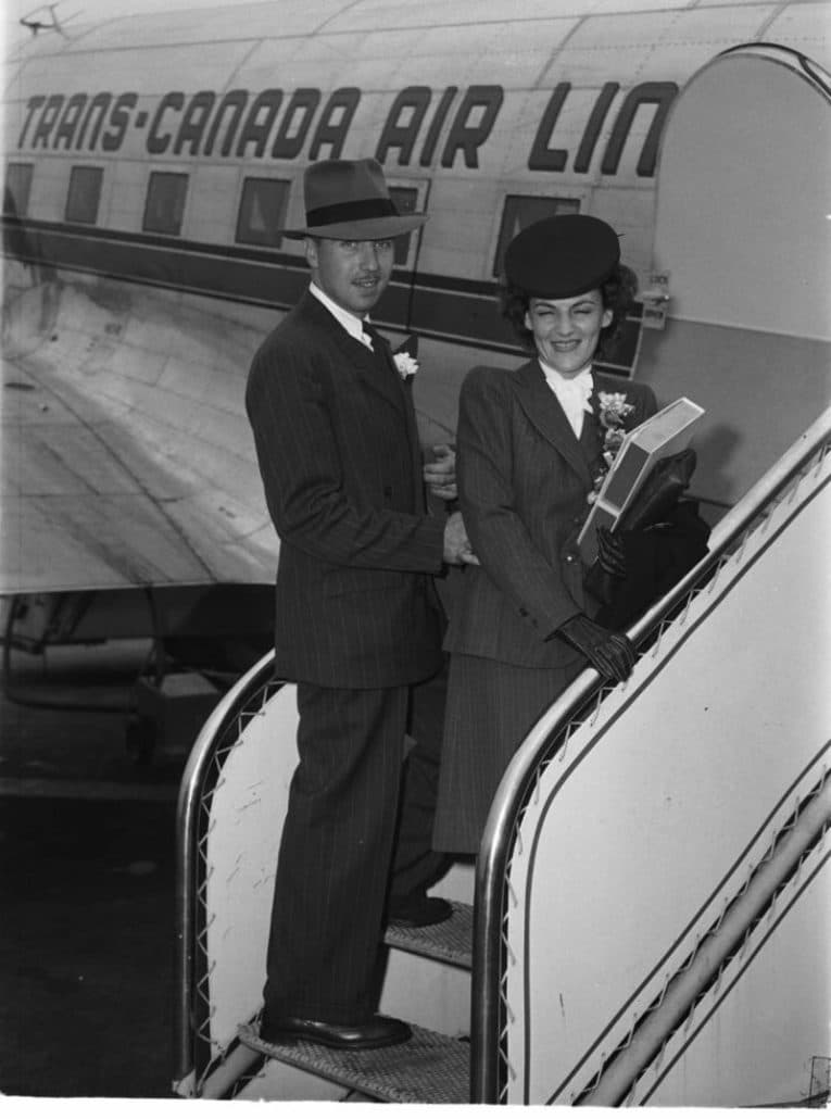 Newlywed couple from Montreal about to leave on their honeymoon, 1946