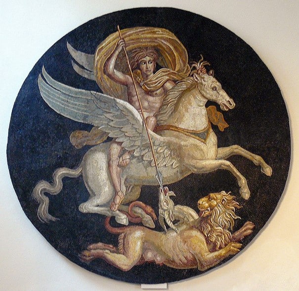 Bellerophon doodt de Chimera (gerestaureerd centraal medaillon van een Romeins mozaïek ontdekt in Autun in 1830 in het Rolin-museum)