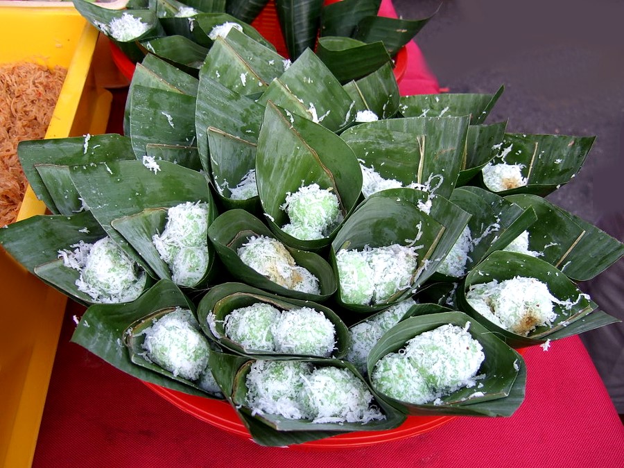 Klepon wrapped in banana leaves
