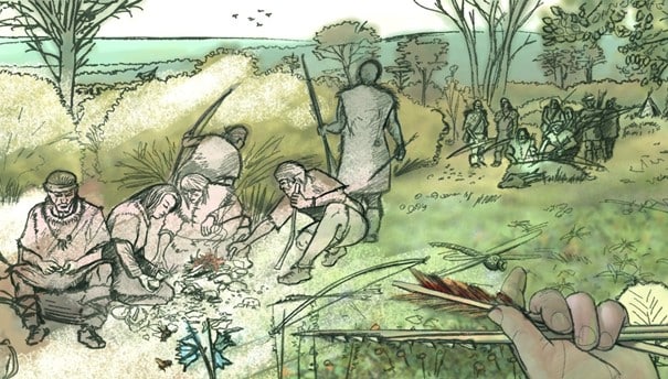 Illustration von Jägern und Sammlern aus dem Jura-Mesolithikum (vor 11 Jahren)